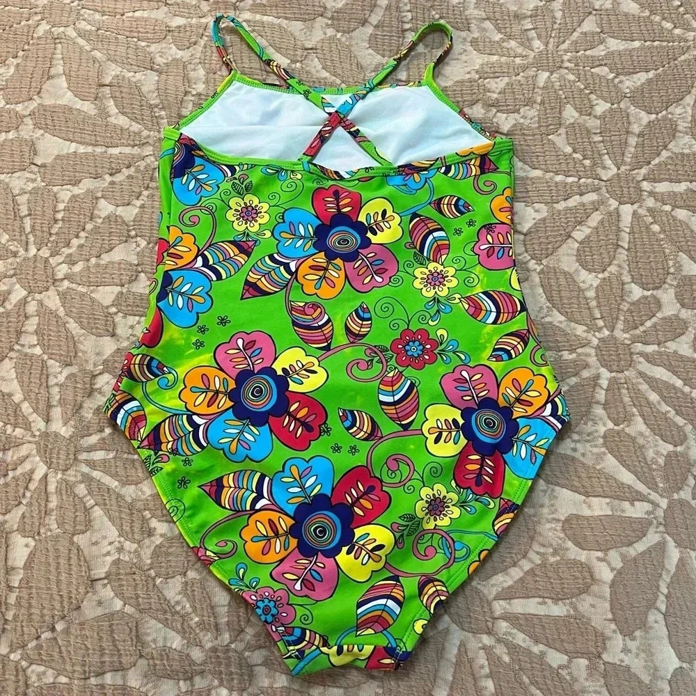 Hanna Andersson Mottled Bright Green Floral Crossback‎ Swimsuit. Size 12/14.
